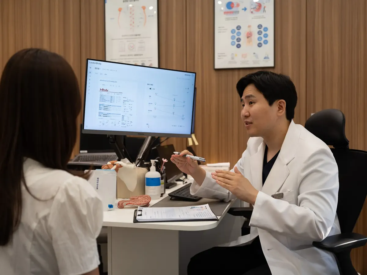 군포 산본 몸앤장한의원 원장이 검사 결과 그래프를 보며 상담하는 모습