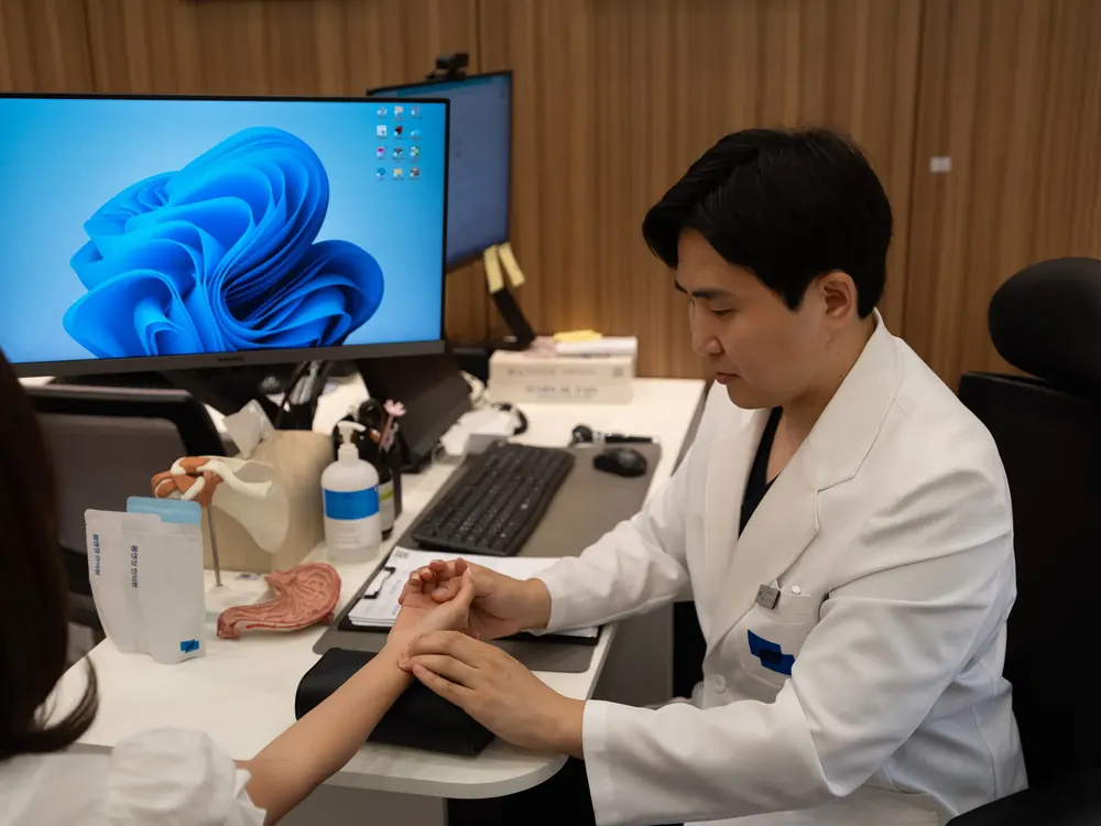 군포 산본 몸앤장한의원 원장이 환자의 손목 맥을 짚으며 진료하는 모습